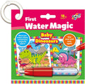 Galt Water Magic book with pink and green cover, baby dinosaur art, white ring binder, and a red water pen tool.