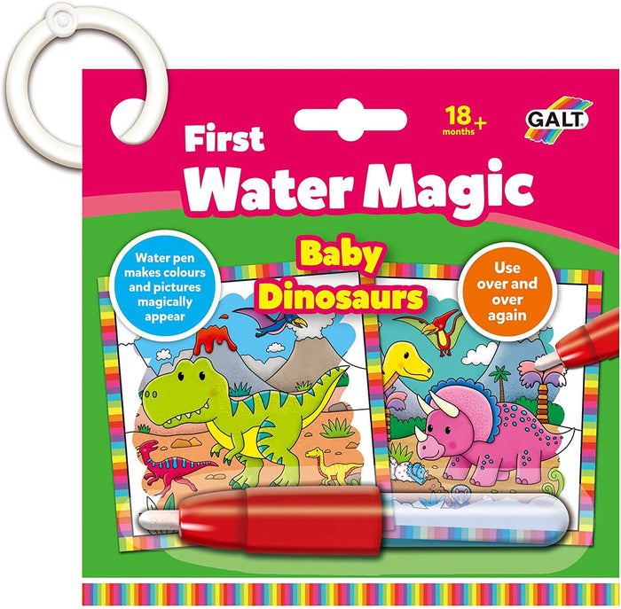Galt Water Magic book with pink and green cover, baby dinosaur art, white ring binder, and a red water pen tool.