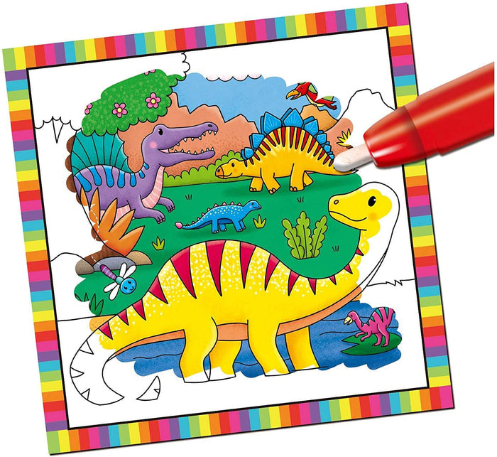 Colorful cartoon dinosaurs on a rainbow-bordered magic coloring page being revealed by a red water pen.