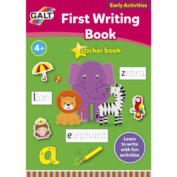Colorful sticker book cover featuring a purple elephant, lion, zebra, and word tracing activities for children.