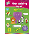 Colorful sticker book cover featuring a purple elephant, lion, zebra, and word tracing activities for children.