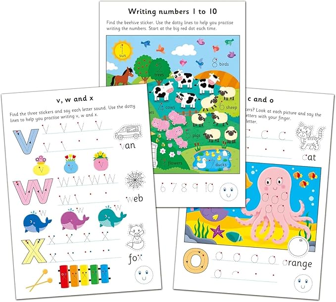 Three colorful activity pages showing number and letter tracing exercises with bright animal illustrations.