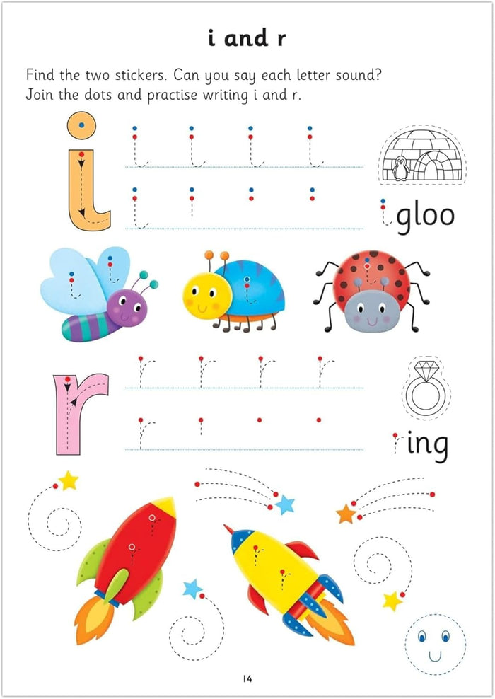 Workbook page for tracing letters i and r with colorful cartoon illustrations of an igloo, insects, and rockets.
