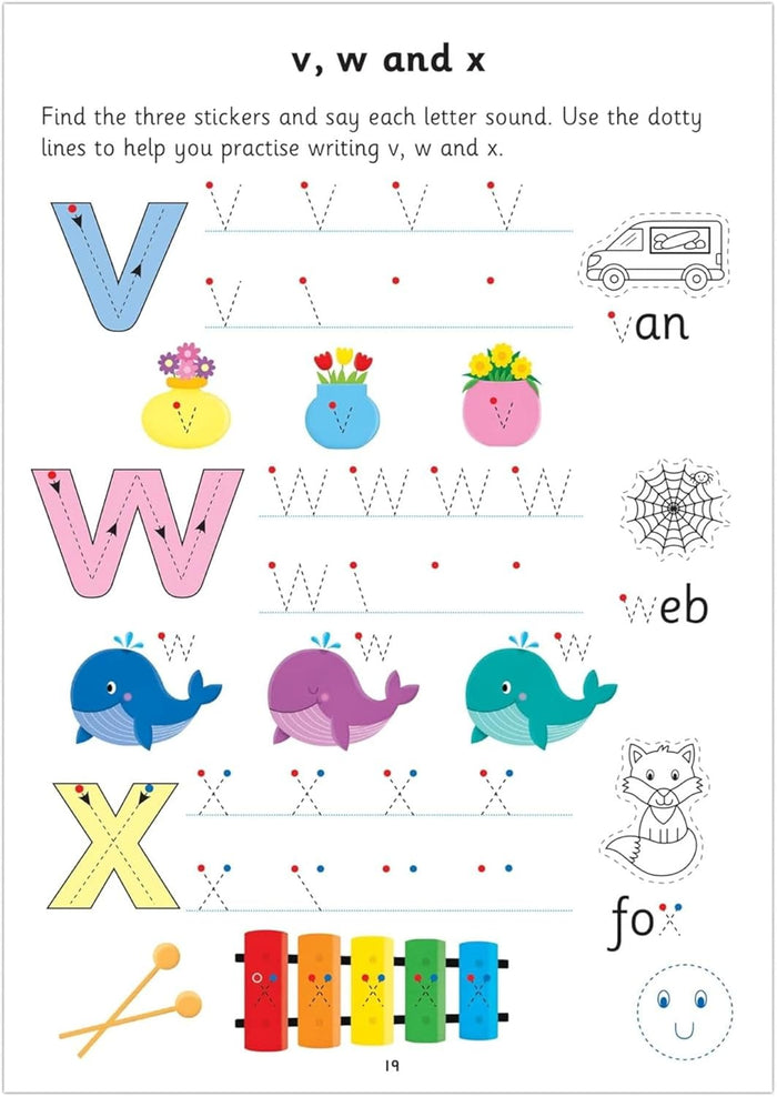 Workbook page with dotted lines for tracing letters v, w, and x, including colorful illustrations of a van and whale.