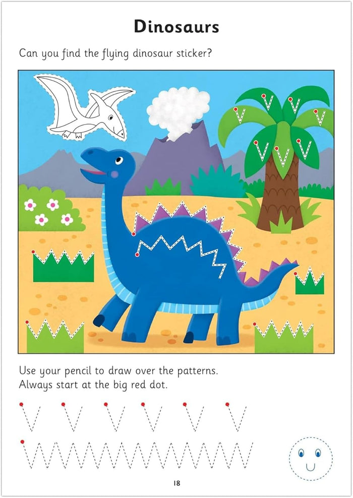 Children's activity book page with a blue dinosaur and dotted lines for tracing zig-zag patterns and shapes.