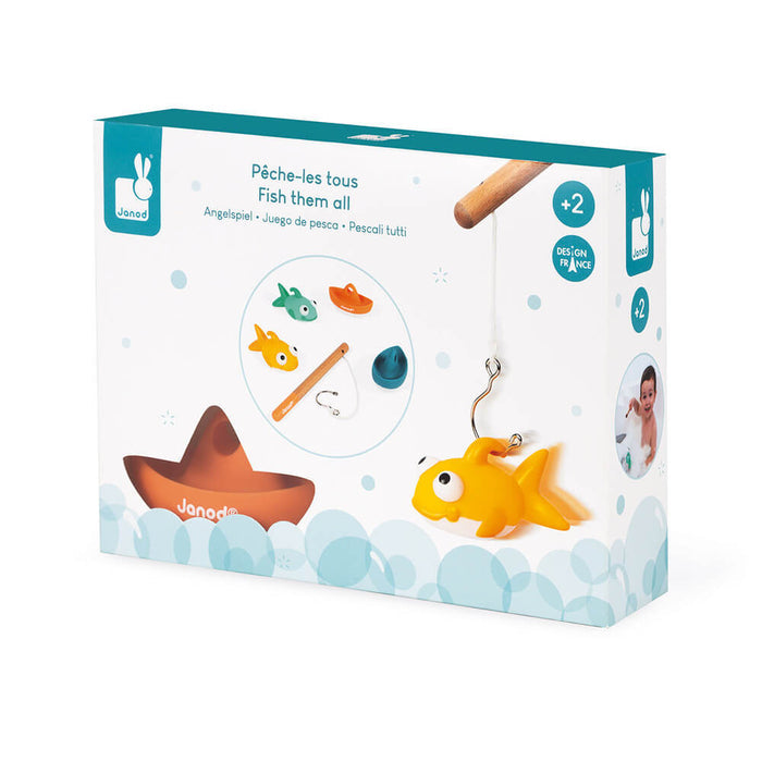 Janod toy box showing a wooden fishing rod catching a yellow fish, with colorful aquatic pieces and blue bubble graphics.