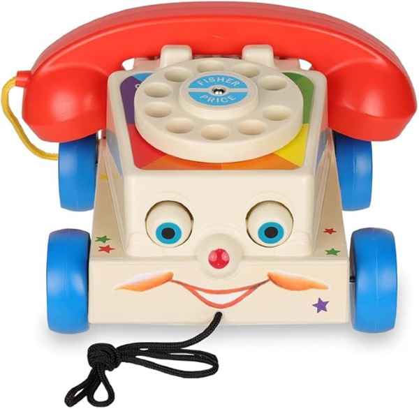 Classic pull toy telephone with a smiling face, red receiver, cream body, colorful dial, and four blue wheels.