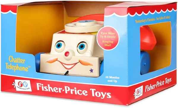 Smiling white toy phone with blue wheels and a red receiver in a red and blue Fisher-Price display box.