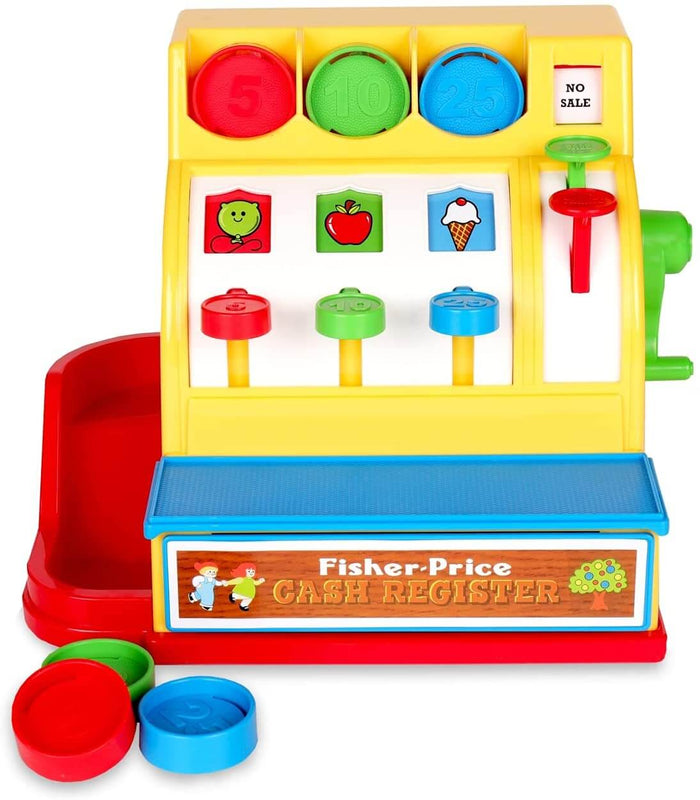 Yellow toy cash register with colorful buttons, plastic coins, a red side chute, and a side-mounted hand crank.