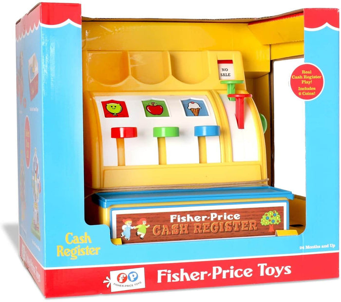Yellow toy cash register in blue packaging featuring colorful buttons, a red lever, and fruit illustrations.
