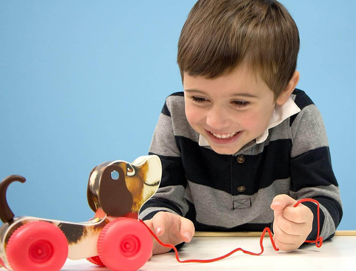 Smiling boy plays with a wooden-style dog pull toy featuring floppy brown ears, red wheels, and a red string.