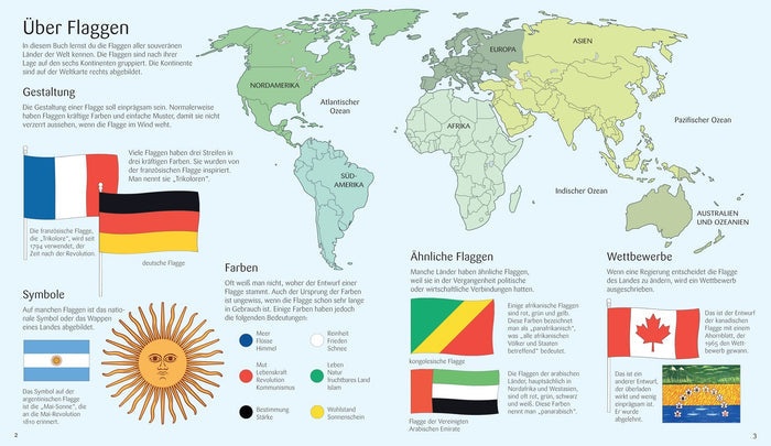 Educational German book pages showing a colorful world map, various national flags, and symbolic illustrations.