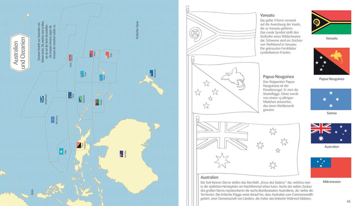 Open coloring book spread with a map of Oceania and large flag outlines to color next to colored reference flags.