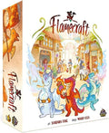White Flamecraft board game box with watercolor art of three cute, colorful dragons in a bustling fantasy village.