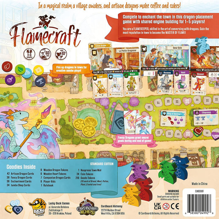 Back of Flamecraft box featuring whimsical dragon art, game components, colorful tokens, and a list of contents.