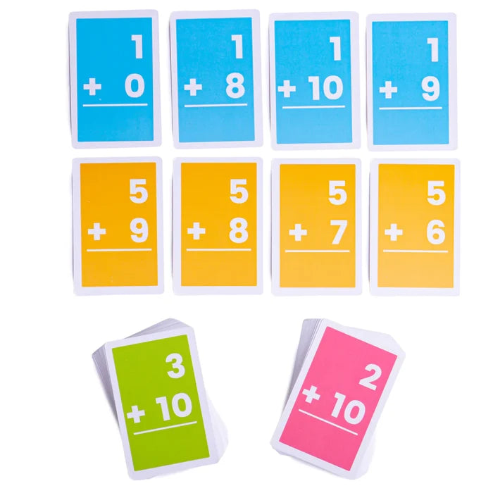 Colorful blue, yellow, green, and pink rectangular addition flashcards featuring simple vertical math problems.