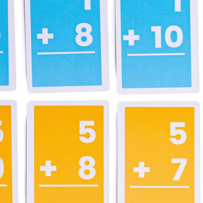 Blue and yellow vertical addition flashcards featuring simple math problems with large white numbers and symbols.