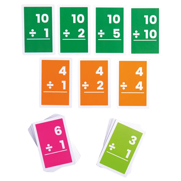 Division flashcards with white numbers and symbols on green, orange, pink, and lime green rectangular cards.