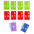 Vibrant green, red, purple, and blue multiplication flashcards with white numbers, showing basic math equations.