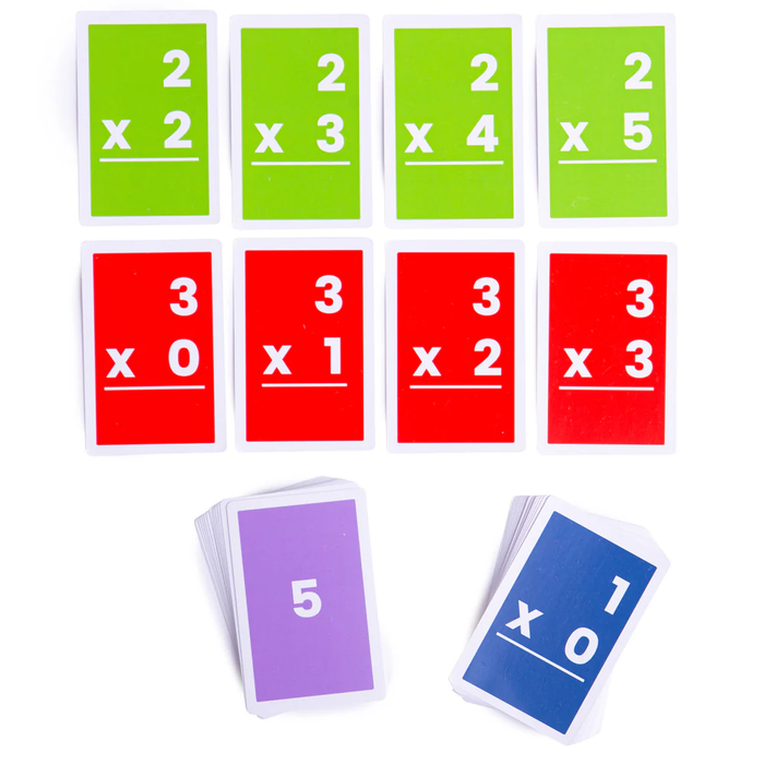 Vibrant green, red, purple, and blue multiplication flashcards with white numbers, showing basic math equations.