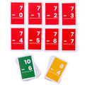 Red, green, and yellow subtraction flashcards featuring vertical math equations with large white numbers.
