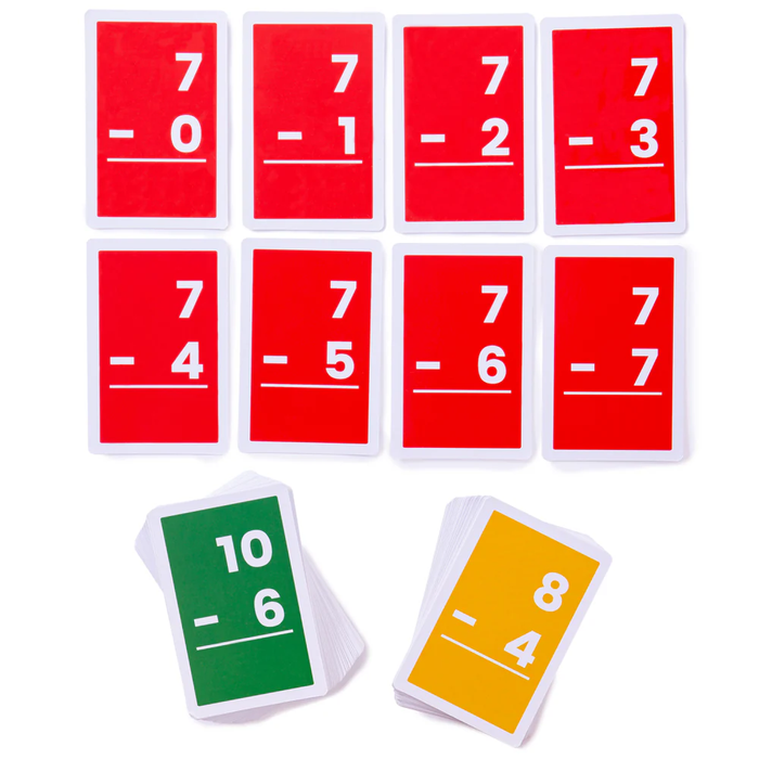 Red, green, and yellow subtraction flashcards featuring vertical math equations with large white numbers.