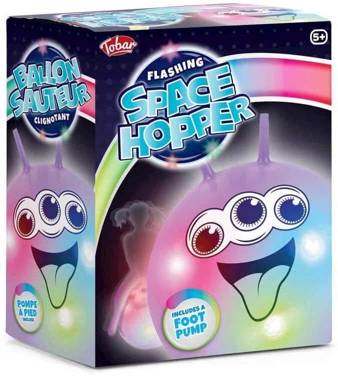 Box for a purple and pink three-eyed alien bouncing ball that glows with internal lights. Includes a foot pump.