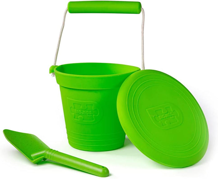 Bright green flexible silicone bucket with rope handle, matching lid with logo, and matching hand spade.