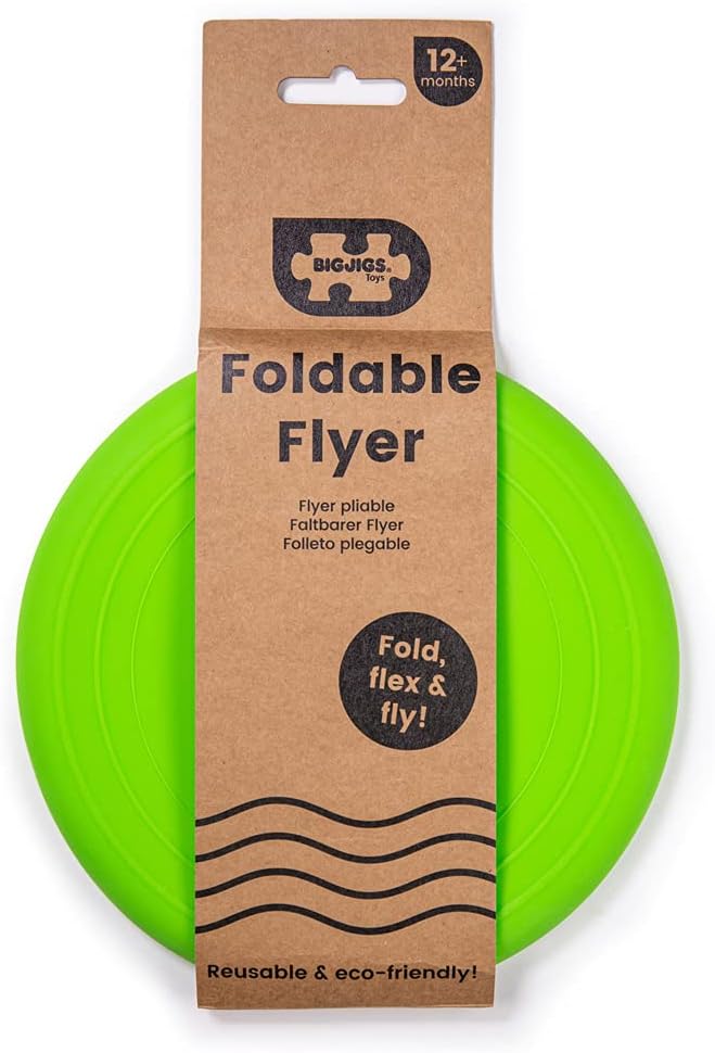 Bright green flexible flying disc with a brown cardboard sleeve labeled Foldable Flyer and a puzzle logo.