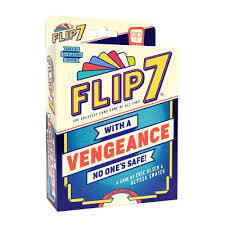 Yellow and navy box with FLIP 7 in yellow letters, a red vengeance banner, and colorful fanned cards at the top.