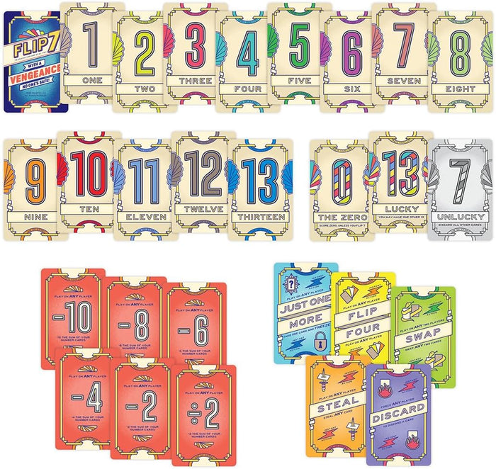 Colorful playing cards featuring numbers 0-13, red penalty cards, and multi-colored action cards with ornate borders.
