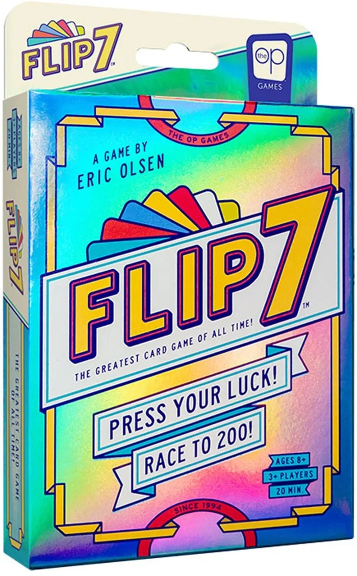 Iridescent blue and pink card game box with bold yellow Flip 7 logo, card graphic, and Press Your Luck banner.