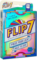 Iridescent blue and pink card game box with bold yellow Flip 7 logo, card graphic, and Press Your Luck banner.