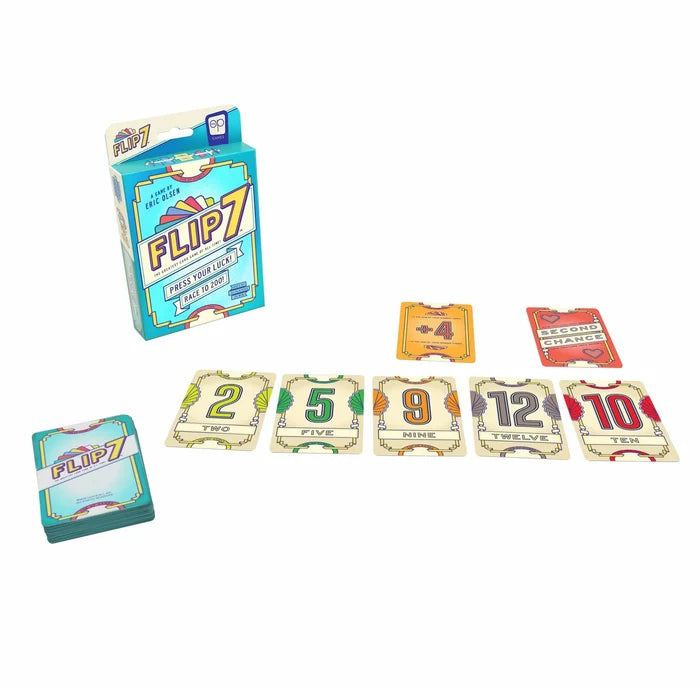 Teal Flip 7 game box with colorful numbered and action cards spread out on a white background.