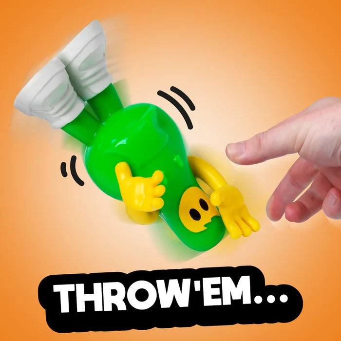 Hand throwing a green toy with white boots mid-flip on an orange background with the text THROW 'EM...