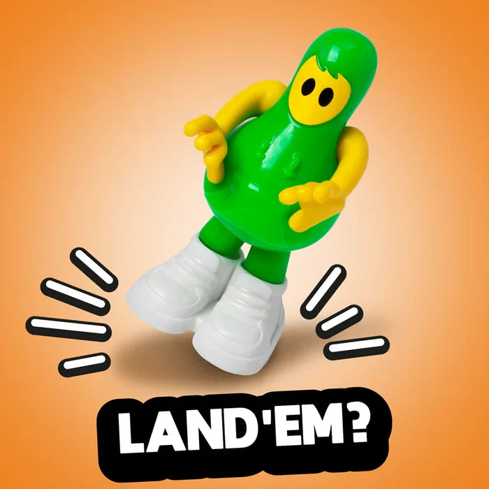 Green and yellow bean-shaped toy wearing white sneakers jumping against an orange background. Text reads Land'em?