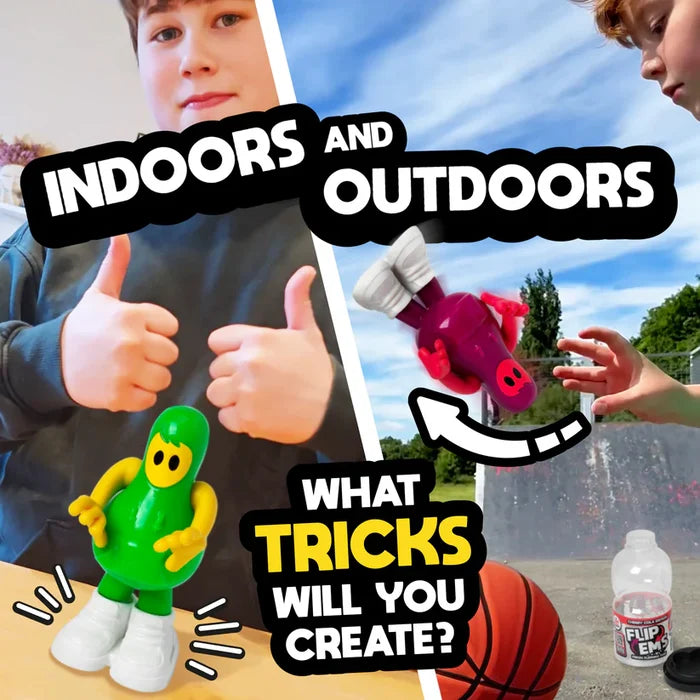 Green and pink bean-shaped figures with yellow arms and white shoes, shown standing indoors and flipping outdoors.