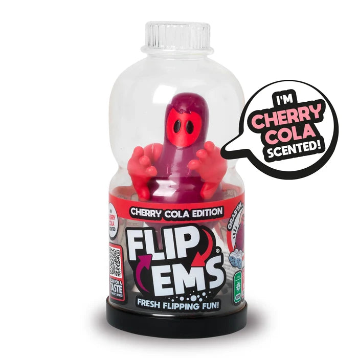 Red and purple creature toy with large hands inside a clear plastic bottle labeled Flip Ems Cherry Cola Edition.
