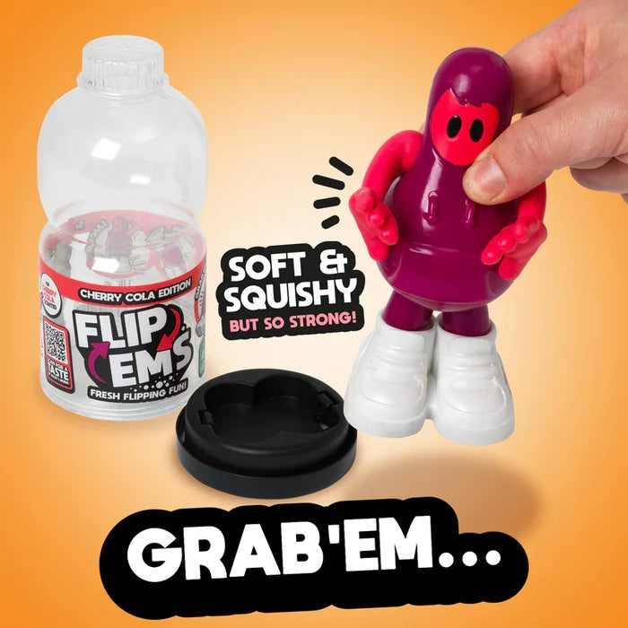 Hand holding a squishy purple and pink toy next to its clear cherry cola bottle-shaped container and black base.