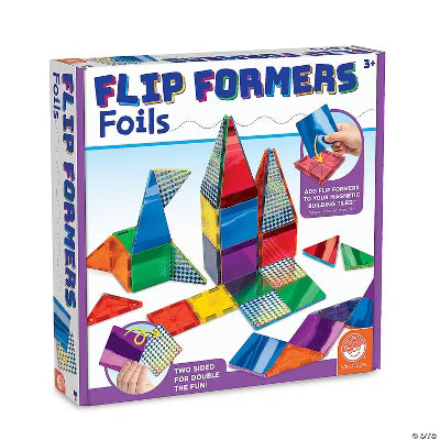 White box of colorful magnetic tiles in geometric shapes with translucent solid colors and shiny foil patterns.