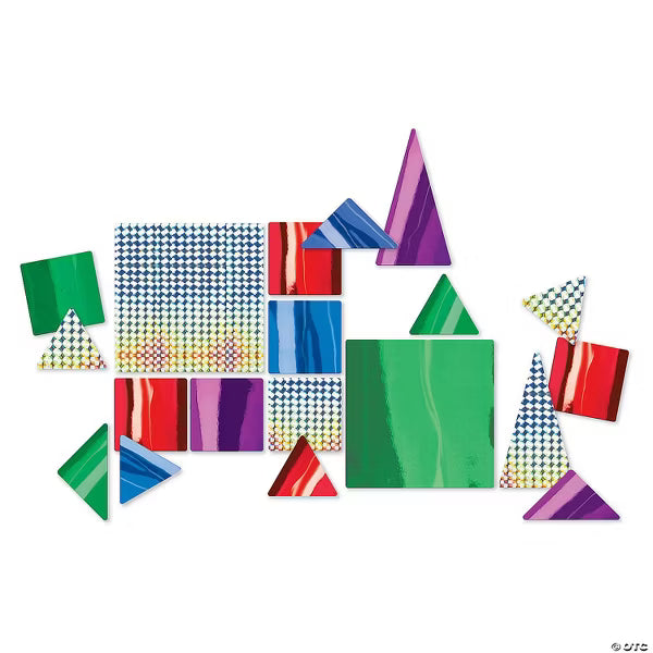 Colorful square and triangle foil tiles in solid, marbled, and checkered patterns on a white background.