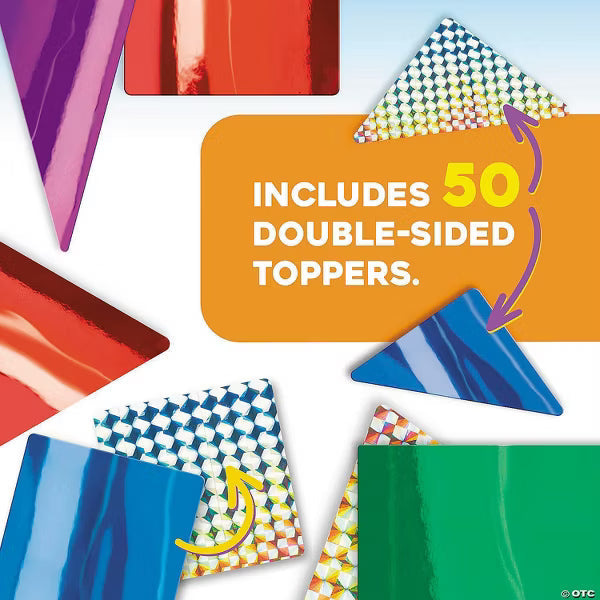 Assorted shiny foil and holographic triangle and square toppers. Text reads: Includes 50 double-sided toppers.