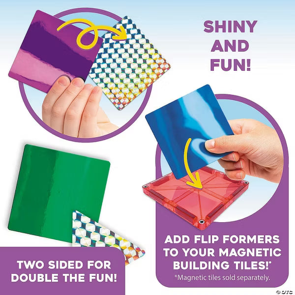 Hands applying shiny holographic square and triangle foil sheets to magnetic building tiles.