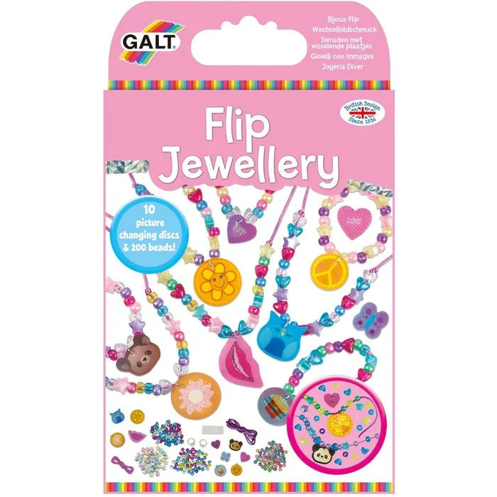 Galt Flip Jewellery kit in pink packaging featuring colorful beads and 10 picture-changing pendant discs.