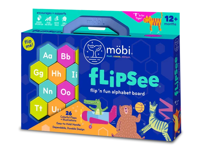 Flipsee alphabet toy box with colorful hexagonal letter tiles, animal illustrations, and a blue carry handle.