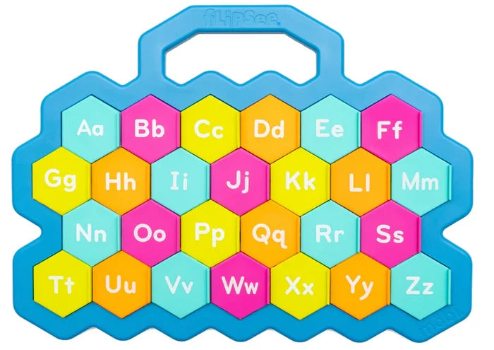 Blue hexagonal activity toy with a handle and colorful tiles showing uppercase and lowercase letters A-Z.