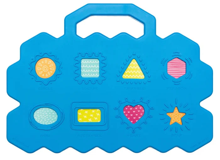 Blue briefcase-shaped activity toy with eight windows in different shapes revealing bright, colorful patterns.