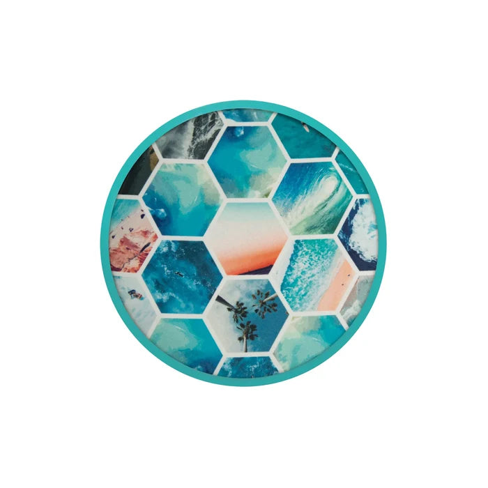 Teal-rimmed circular flying disc with a honeycomb pattern of ocean and beach-themed photography.