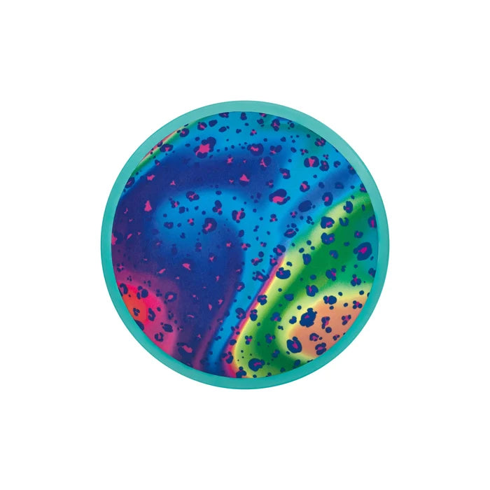 Round flying disc with a teal rim and a vibrant blue, green, and pink leopard print swirl pattern.