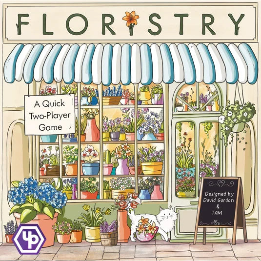 Pastel illustration of a florist shop with a blue striped awning, potted flowers, a white cat, and Floristry title.